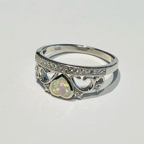Sterling Silver White Lab Opal Heart with CZ Crown Ring, Silver Hearts Jewelry - Picture 9 of 12